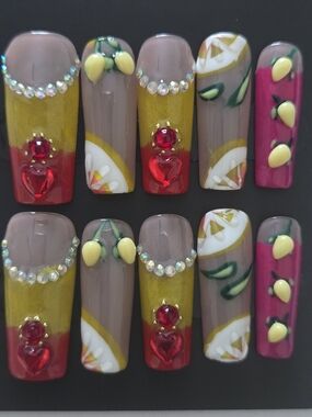 Hand Crafted Lemon & Heart Accent Press-On Nails in Pink, Yellow and Red